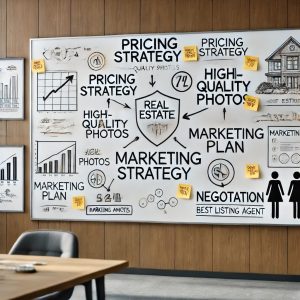 Whiteboard with real estate listing strategies including pricing, marketing, negotiation, and photography
