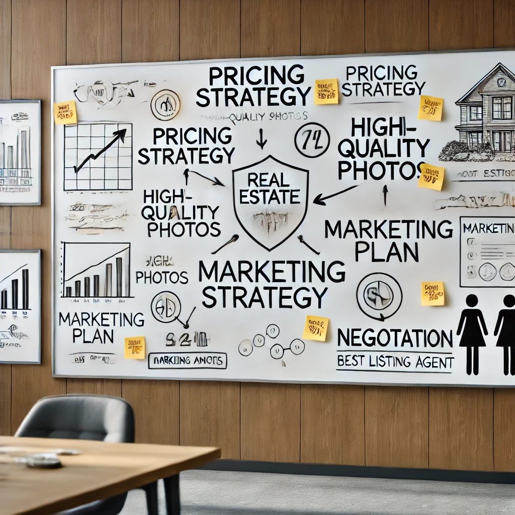 Whiteboard with real estate listing strategies including pricing, marketing, negotiation, and photography