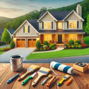 House with paint brushes and tools representing home repairs before selling in Northeast Georgia