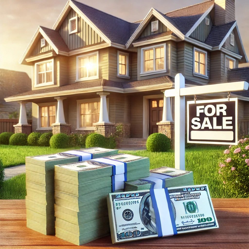 House with for sale sign and stacks of cash representing a profitable home sale in Northeast Georgia