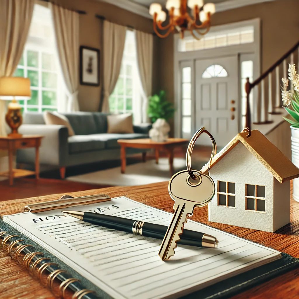 Keys, notebook, and small house model on a table inside a staged living room — symbolizing coordinated showings and open houses for home sellers