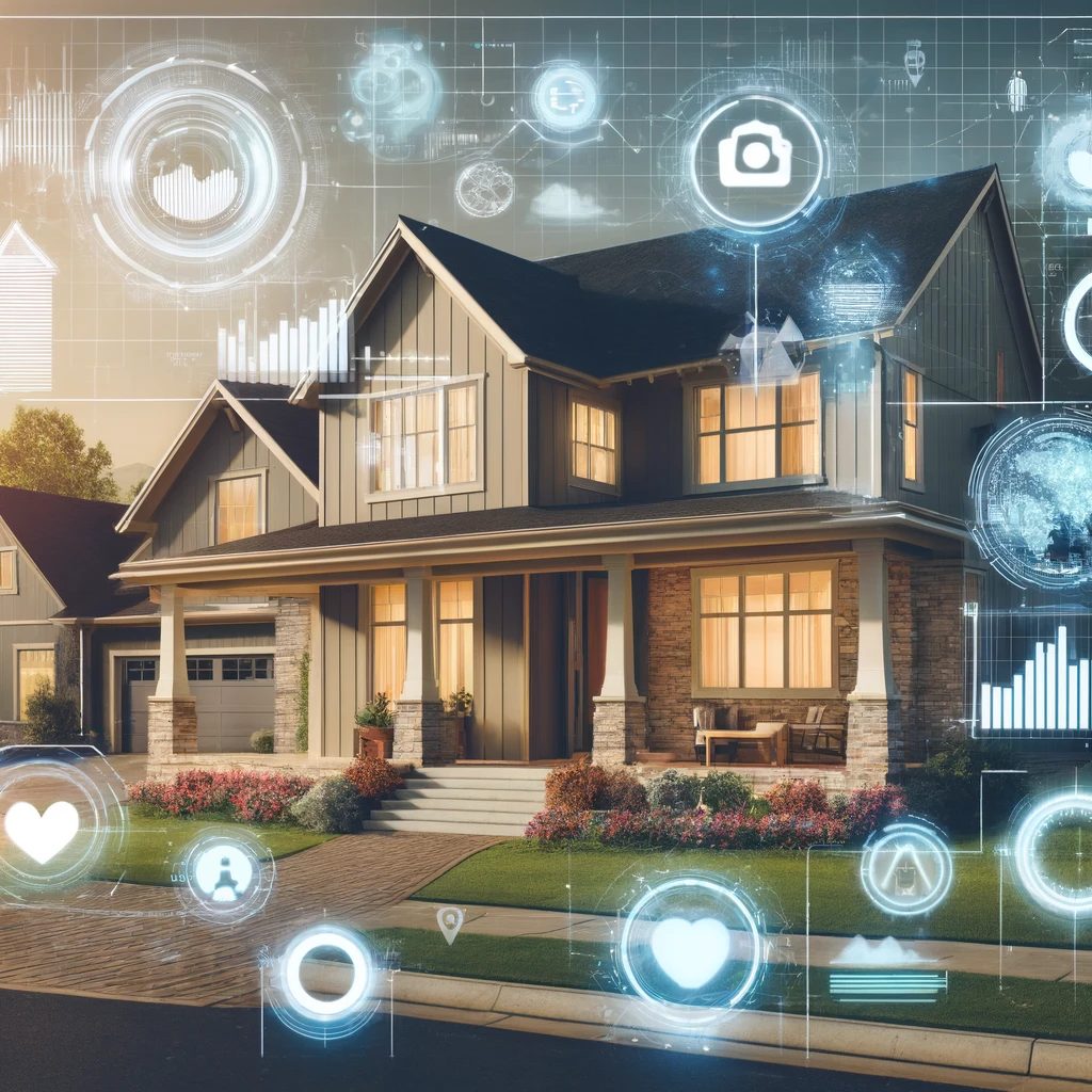 Modern home with digital marketing icons representing a customized online listing strategy in Northeast Georgia