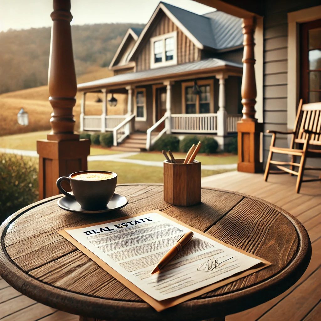 Table with real estate paperwork and coffee in front of a home in Northeast Georgia, representing a seller consultation