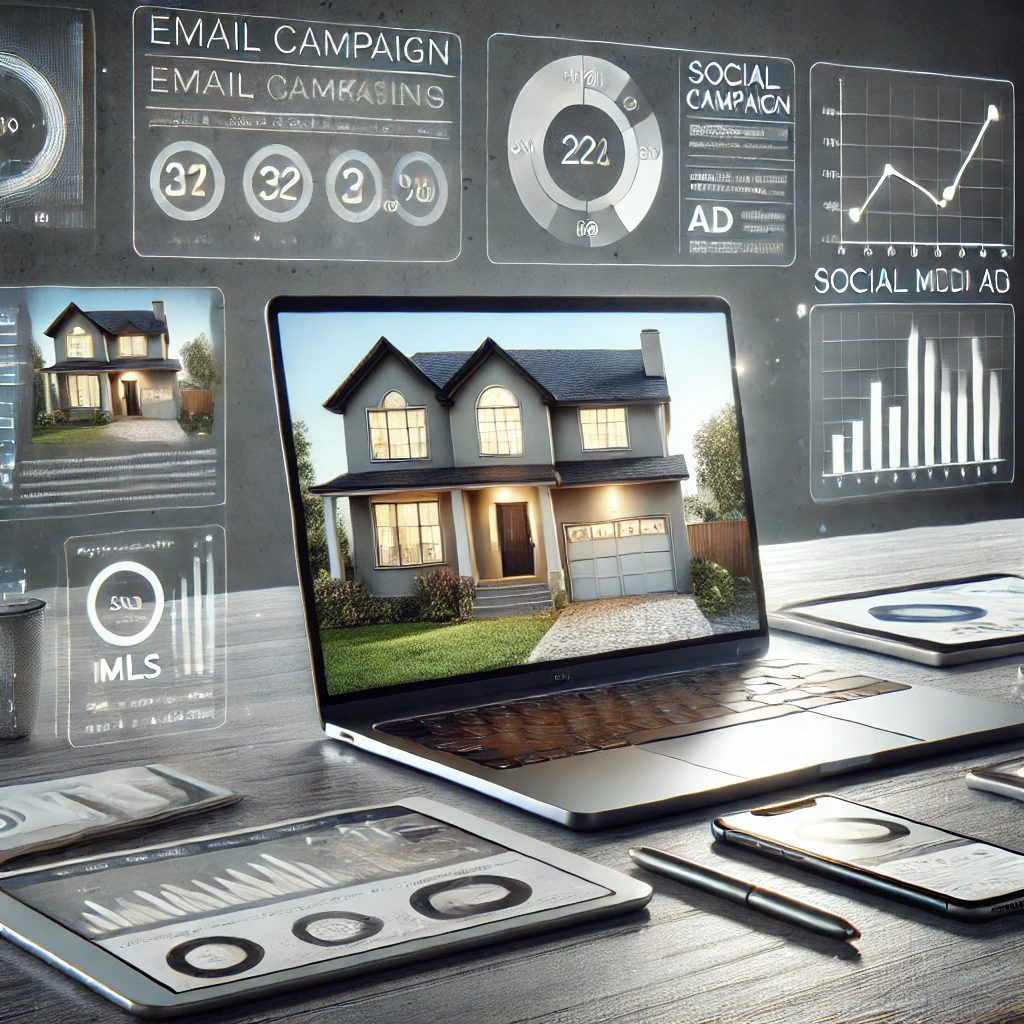 Laptop showing a listed home surrounded by graphs and campaign dashboards representing MLS exposure, social media marketing, and email campaigns