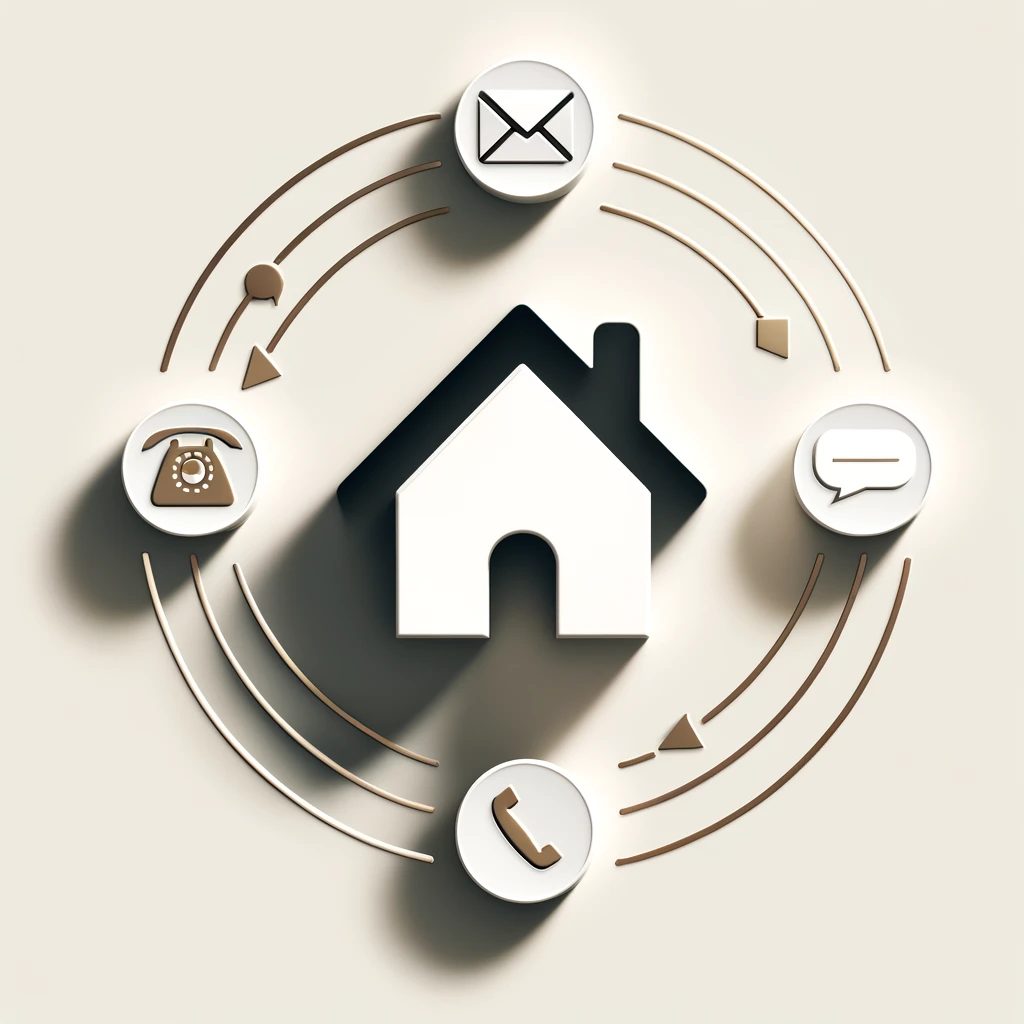 Post-sale support icons surrounding a home, including phone, email, and document symbols, representing ongoing Realtor-client communication