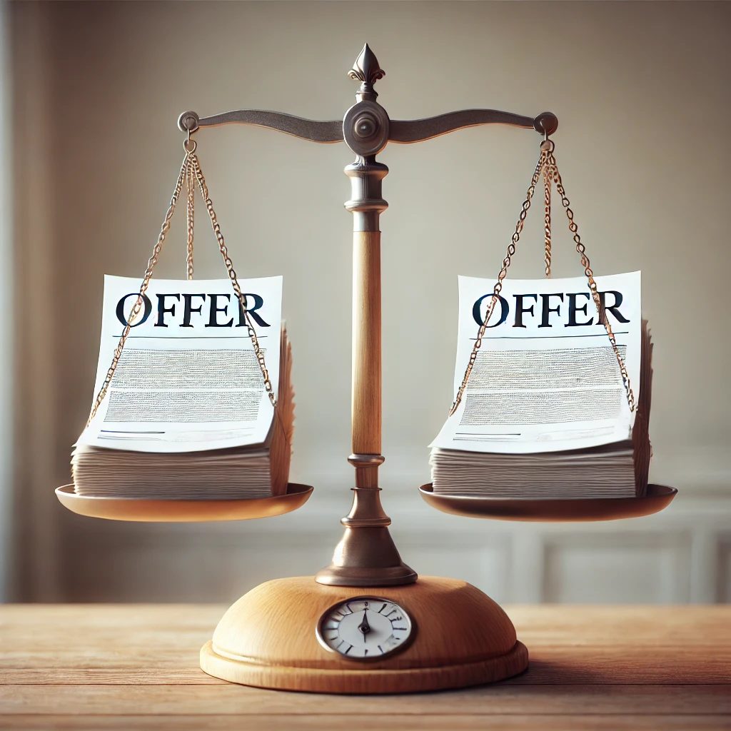 Two real estate offers weighed on a balance scale, symbolizing offer comparison and expert negotiation strategy