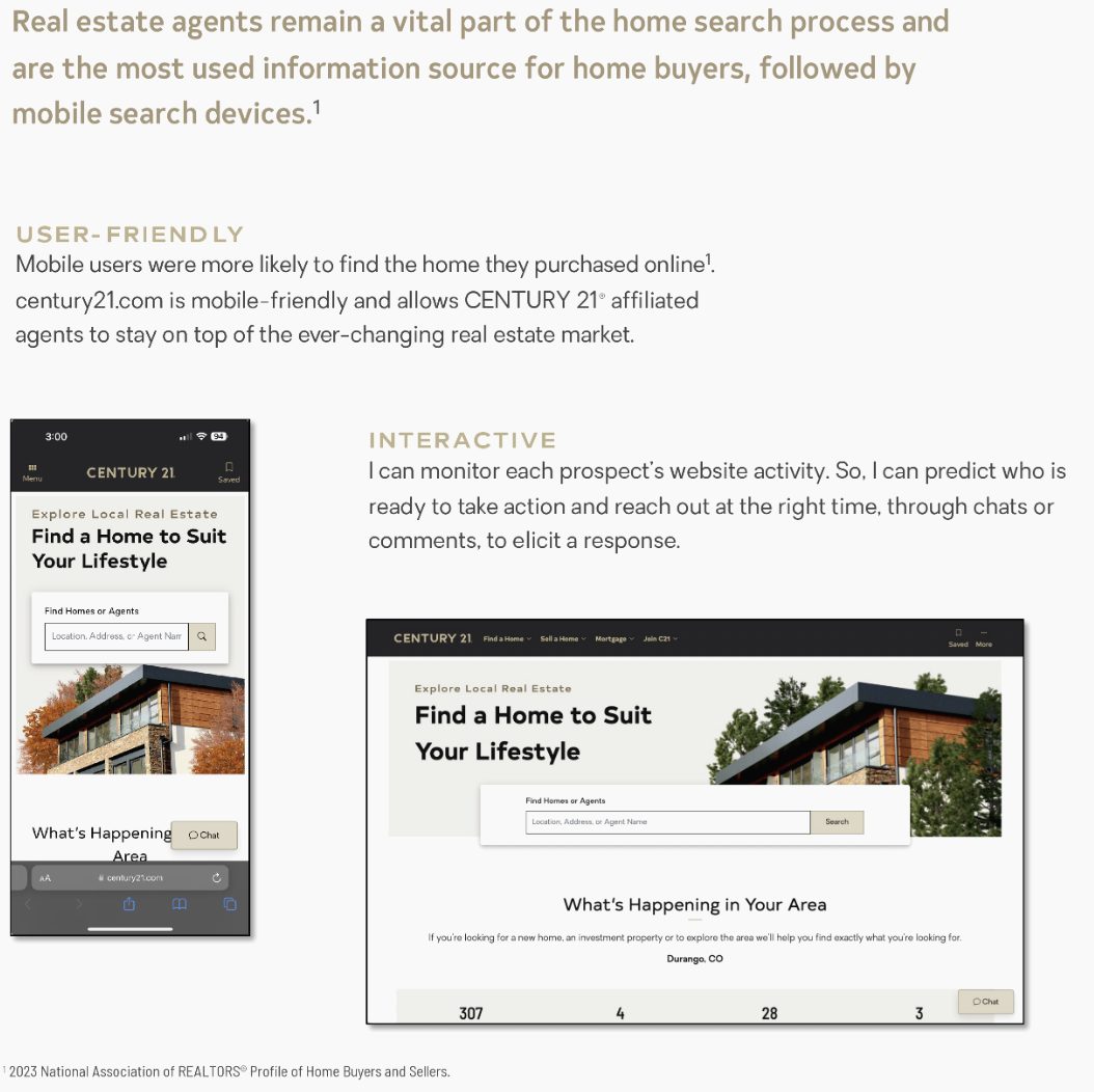 Side-by-side mobile and desktop views of Century 21's home search page, showcasing mobile-friendly and interactive real estate tools.