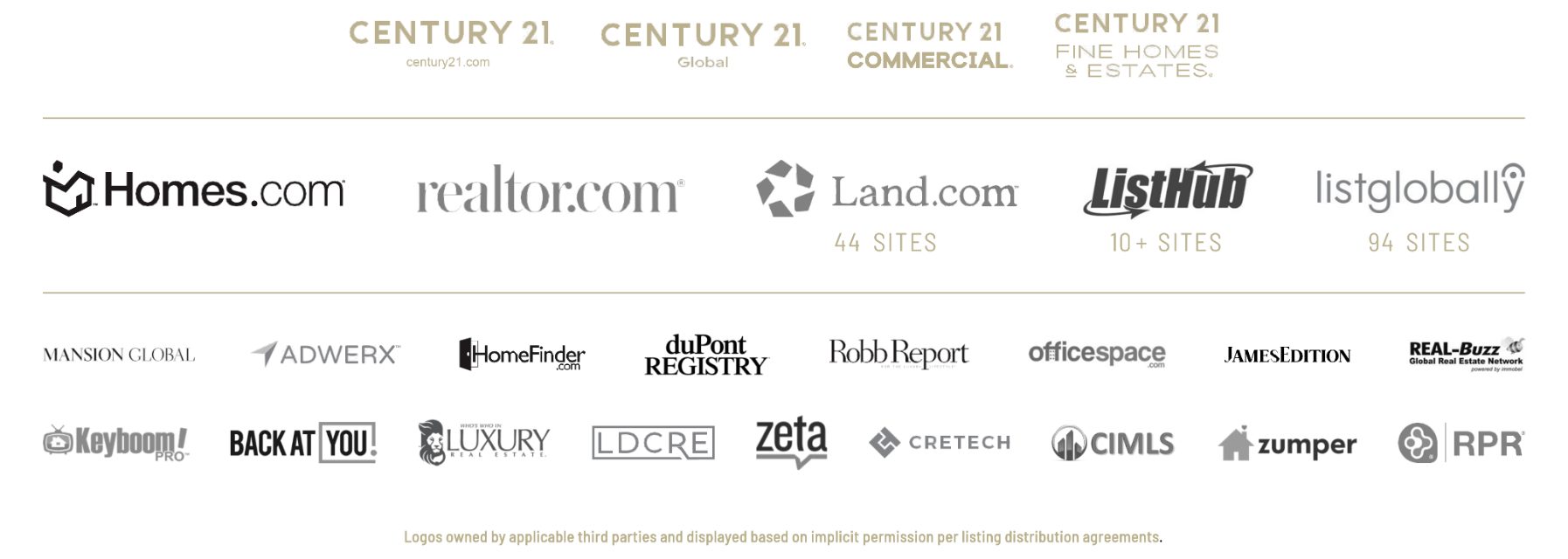Century 21 listing syndication partners including Homes.com, Realtor.com, Land.com, ListHub, and over a dozen others.